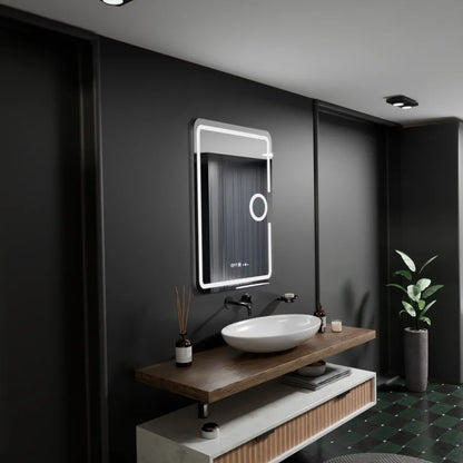 Specchio rettangolare a LED, 50x70 cm, Eclat MotionGlow Marcello, sistema antiappannamento, orologio e termometro, lente d'ingrandimento cosmetica, specchi Marcello dimmerabili Titolo predefinito Alessandro Design