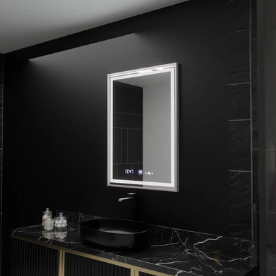 Specchio rettangolare a LED, 60x80 cm, Verite Imperial Silver Motion Glow Marcello, sistema antiappannamento, orologio e termometro, dimmerabile