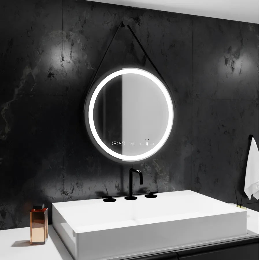 Specchio rotondo a LED, 50 cm, Celeste Majeste Noir Eleve MotionGlow Marcello, sistema antiappannante, orologio e termometro, specchi dimmerabili Marcello Titolo predefinito Alessandro Design