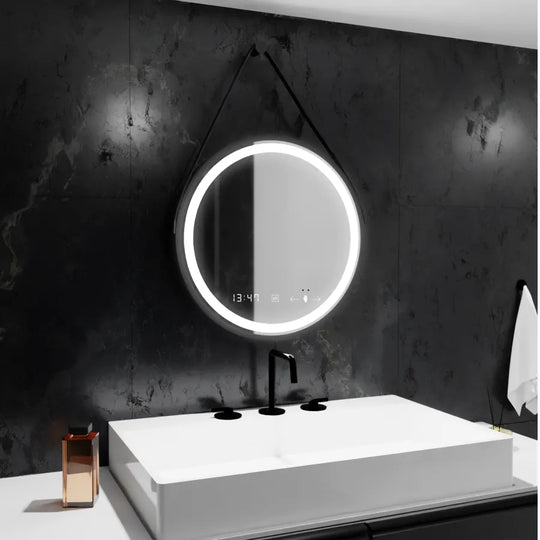 Specchio rotondo a LED, 50 cm, Celeste Majeste Noir Eleve MotionGlow Marcello, sistema antiappannante, orologio e termometro, specchi dimmerabili Marcello Titolo predefinito Alessandro Design