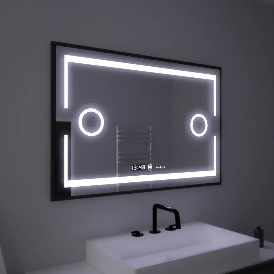 Specchio rettangolare a LED, 120x80 cm, sensore Marcello MotionGlow, sistema antiappannamento, orologio e termometro, lente d'ingrandimento cosmetica, Specchi Marcello dimmerabili Titolo predefinito Alessandro Design