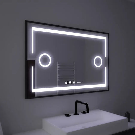 Specchio rettangolare a LED, 120x80 cm, sensore Marcello MotionGlow, sistema antiappannamento, orologio e termometro, lente d'ingrandimento cosmetica, Specchi Marcello dimmerabili Titolo predefinito Alessandro Design
