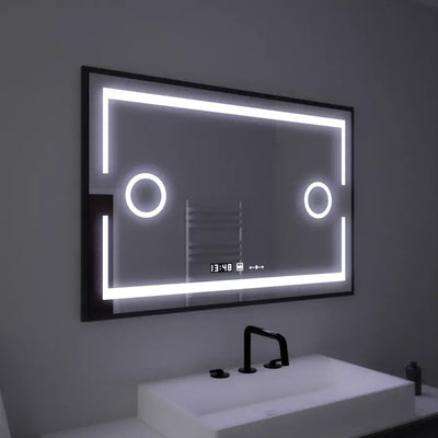Specchio LED rettangolare, 120x80 cm, sensore Marcello MotionGlow, sistema antiappannamento, orologio e termometro, lente d'ingrandimento cosmetica, dimmerabile