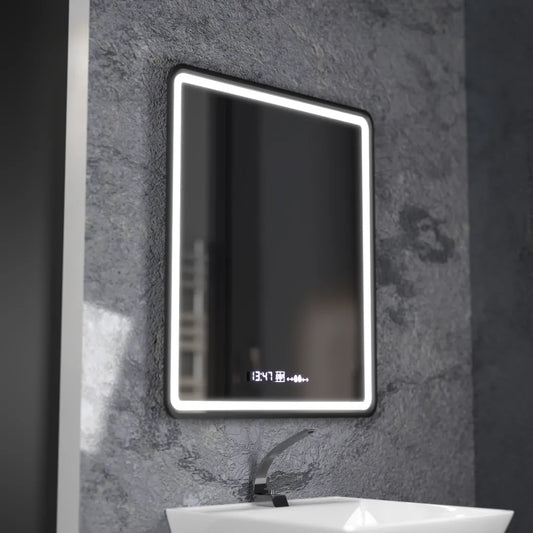 Specchio LED rettangolare, 75x90 cm, Favola MotionGlow Marcello, Sistema Demister, Orologio e Termometro, Dimmerabile