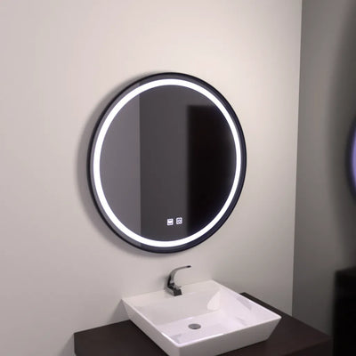 Specchio rotondo a LED da 60 cm, luce touch, cornice nera, sistema antiappannamento, dimmerabile