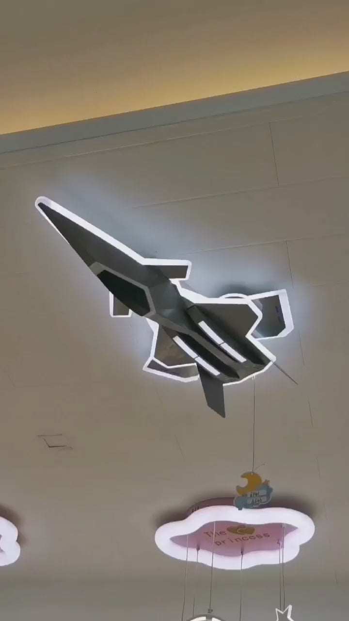 Lampadario LED per bambini FIGHTER, Tipo aereo, 101W, Luce fredda/calda/neutra, Ali mobili, Grigio aeronautico