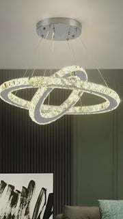 Lustra LED cu telecomanda si cristal PRISM LUMINIS 58W, 2 Cercuri, lumina Rece/Calda/Neutra, Dimabila, Crom si Alb, Inaltime Reglabila