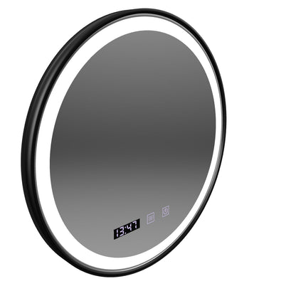 Specchio Touch LED NOVARA Sistema Disappannante, Orologio e Temperatura Cornice Nera Spazzolata da 80 cm