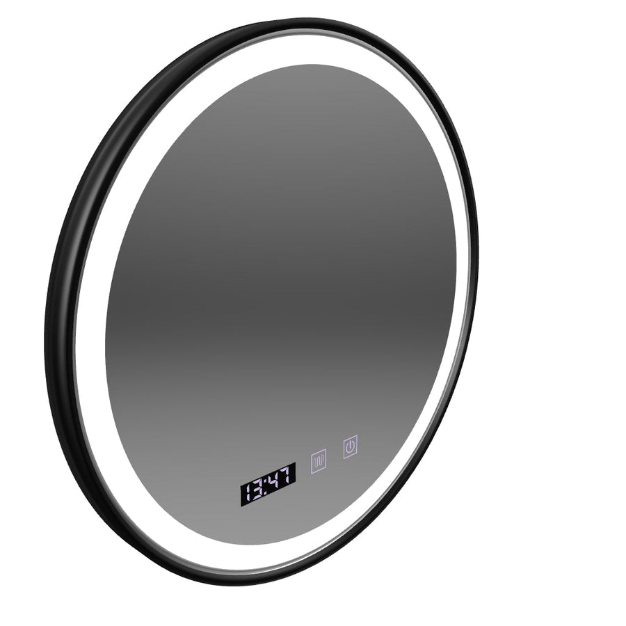 Specchio Touch LED NOVARA Sistema Disappannante, Orologio e Temperatura Cornice Nera Spazzolata da 80 cm