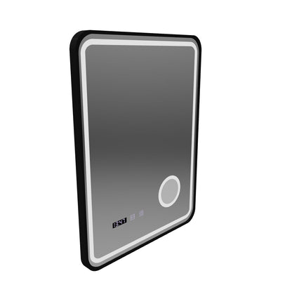 Ulrich LED Touch Specchio Disappannante, Orologio e Temperatura 60x80 cm Cornice Nera Spazzolata Lente Cosmetica