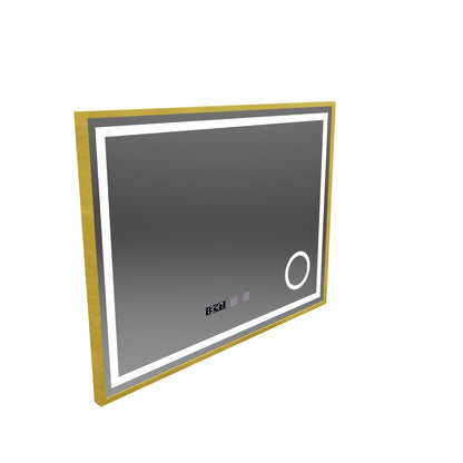 CLARUS LED Touch Specchio Sistema Antiappannamento, Orologio e Temperatura Lente Cosmetica 80x60 cm Cornice Dorata Spazzolata