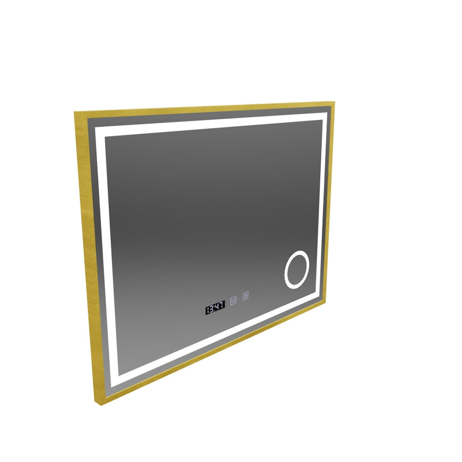 CLARUS LED Touch Specchio Sistema Antiappannamento, Orologio e Temperatura Lente Cosmetica 80x60 cm Cornice Dorata Spazzolata