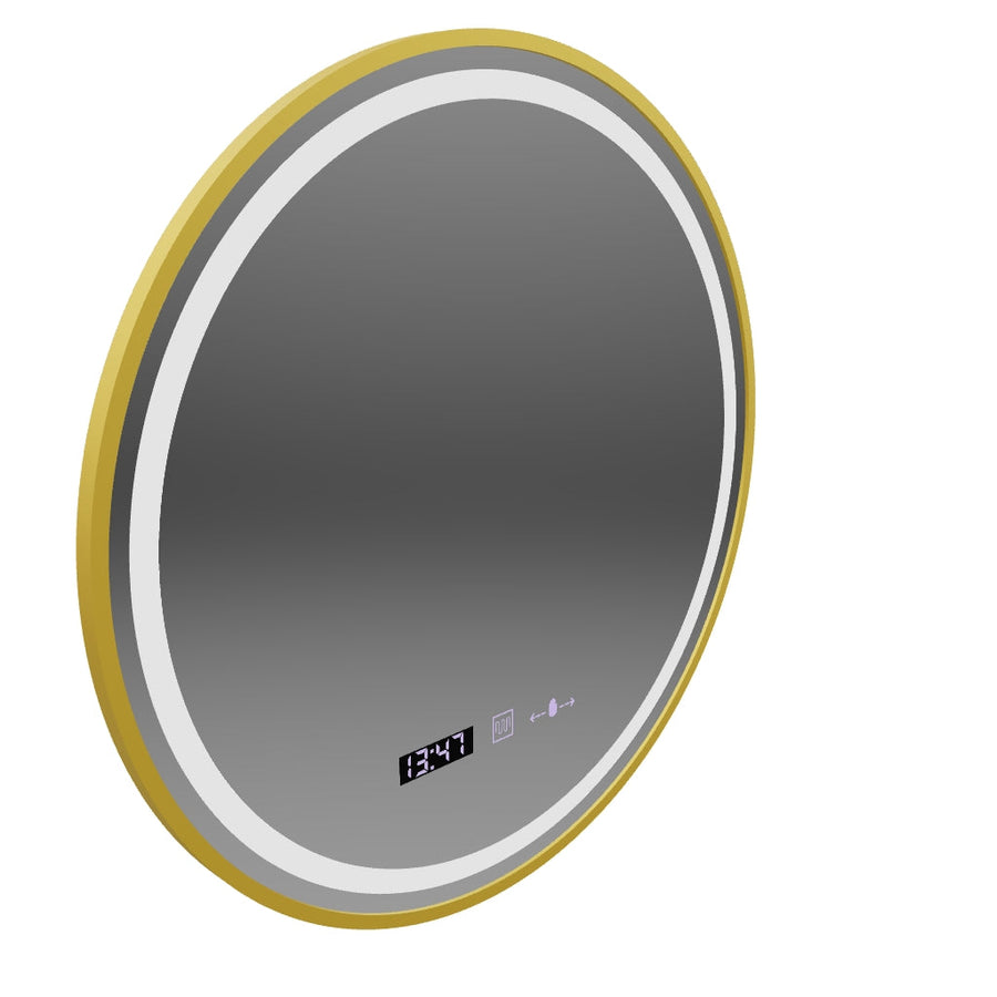 LUSSO LED Specchio Touch, Sistema Antiappannante, Orologio e Temperatura, Diametro 60cm, Cornice Oro Spazzolato, Luce Calda Neutra 3000K/4500K/6000K, Dimmerabile