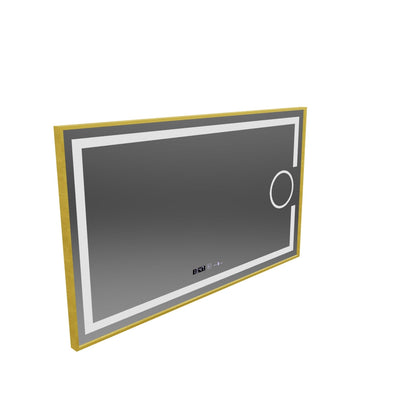 Specchio rettangolare a LED, 110x65 cm, Eclat MotionGlow Marcello, sistema antiappannamento, orologio e termometro, lente d'ingrandimento cosmetica, dimmerabile, cornice oro spazzolato