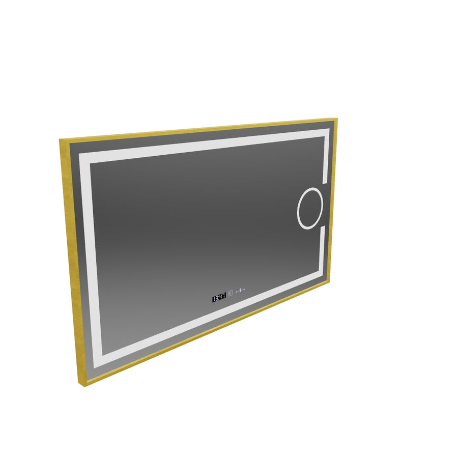 Specchio rettangolare a LED, 110x65 cm, Eclat MotionGlow Marcello, sistema antiappannamento, orologio e termometro, lente d'ingrandimento cosmetica, dimmerabile, cornice oro spazzolato