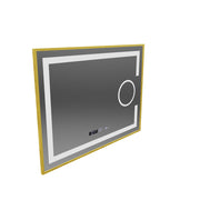 Specchio rettangolare a LED, 80x60 cm, Eclat MotionGlow Marcello, sistema antiappannamento, orologio e termometro, lente d'ingrandimento cosmetica, dimmerabile, cornice oro spazzolato