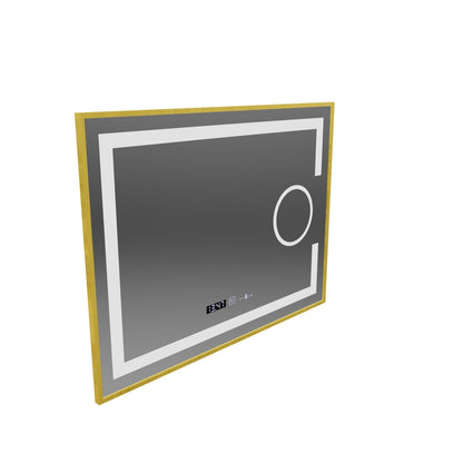 Specchio rettangolare a LED, 80x60 cm, Eclat MotionGlow Marcello, sistema antiappannamento, orologio e termometro, lente d'ingrandimento cosmetica, dimmerabile, cornice oro spazzolato