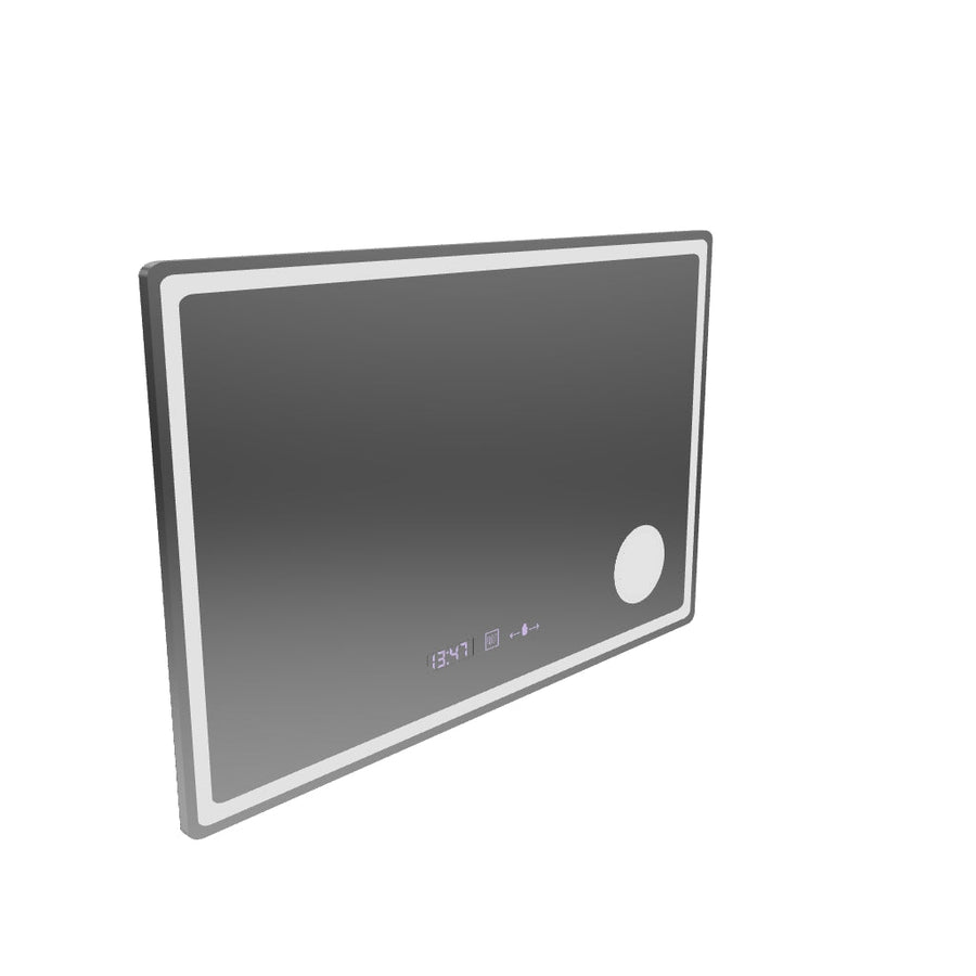 Specchio rettangolare a LED, 90x60 cm, Velour MotionGlow Marcello, sistema antiappannamento, orologio e termometro, lente d'ingrandimento cosmetica, dimmerabile