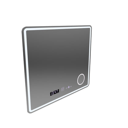 Specchio rettangolare a LED, 80x60 cm, Riflesso MotionGlow Marcello, sistema antiappannante, orologio e termometro, lente d'ingrandimento cosmetica, dimmerabile