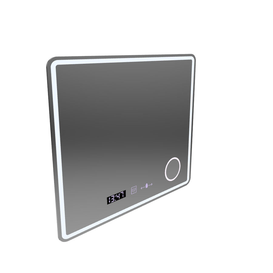 Specchio rettangolare a LED, 80x60 cm, Riflesso MotionGlow Marcello, sistema antiappannante, orologio e termometro, lente d'ingrandimento cosmetica, dimmerabile