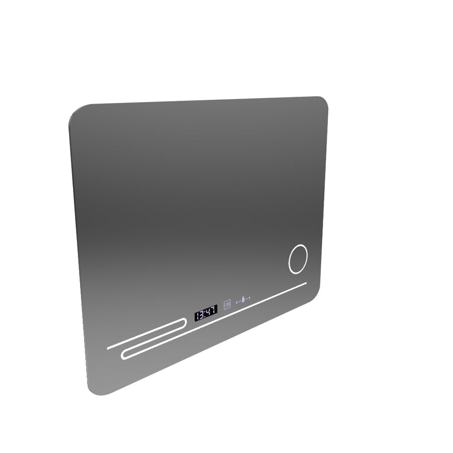 Specchio LED rettangolare, 80x60 cm, Harmonie MotionGlow Marcello, sistema antiappannamento, termometro e orologio, lente d'ingrandimento cosmetica, dimmerabile