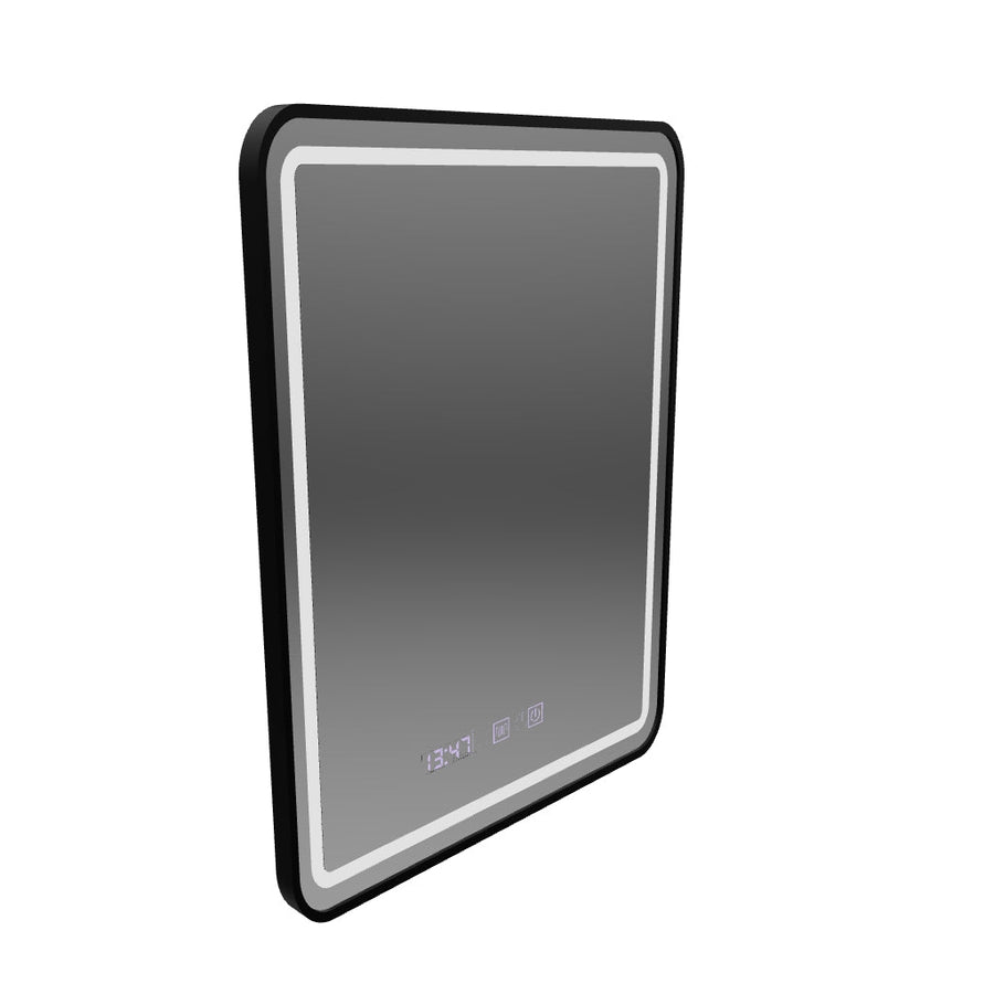 Specchio LED Touch LUCIDA Sistema Disappannante, Orologio e Temperatura 60x80 cm Cornice Nera Spazzolata