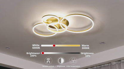 RINOVA Lampadario LED con Telecomando, 4 Cerchi, 112W, Luce Calda/Fredda/Neutra, Dimmerabile, Oro