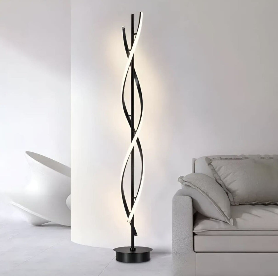 lampadar negru in living amenajat in stil industrial